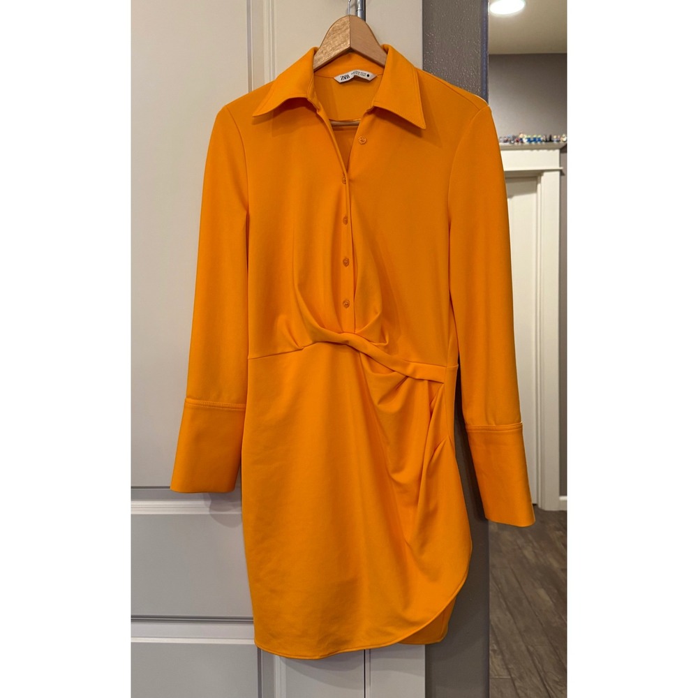 Wmns Bright Orange Zara LS Notched Collar Knee Length Business Casual Dress M - Picture 8 of 8